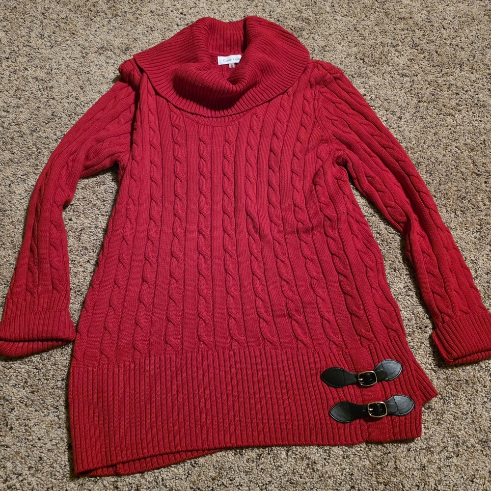 Calvin Klein Red Cowl Neck Sweater with Buckle Accents